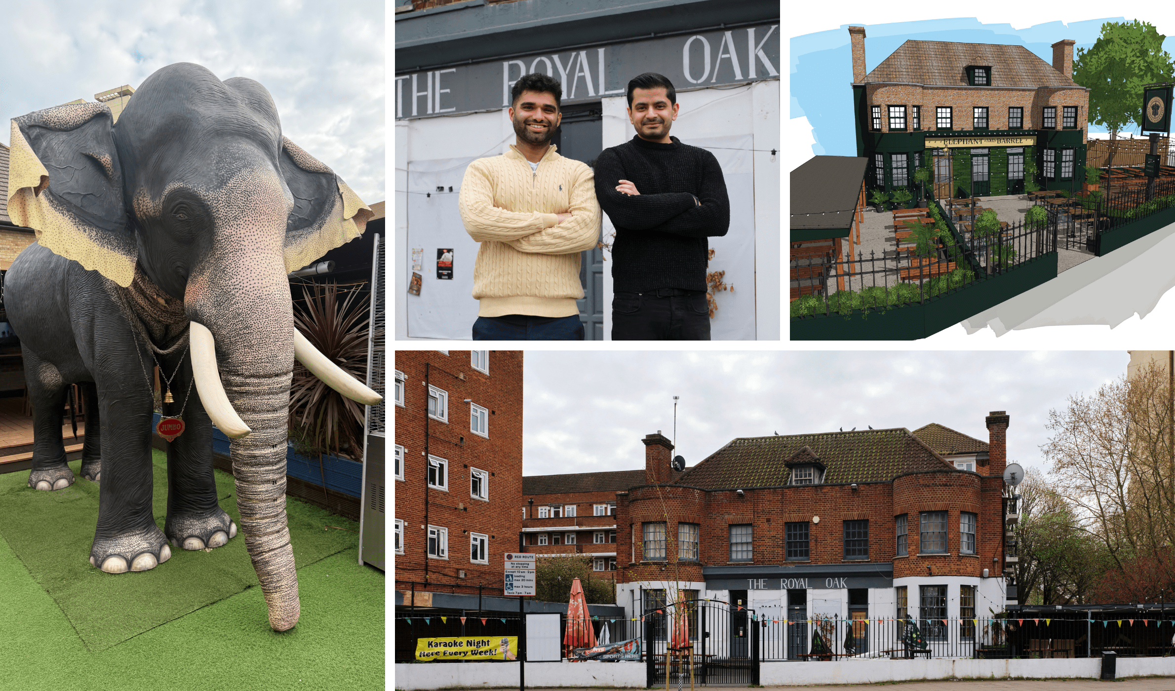 Image collage of Elephant and Barrel pub, including animatronic elephant, licensees standing outside of the pub, and a mock up of what the pub will look like after renovation